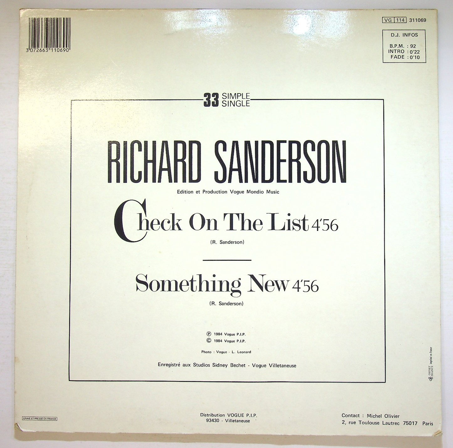 EBOND Richard Sanderson - Check On The List / Something New Vinile V126148