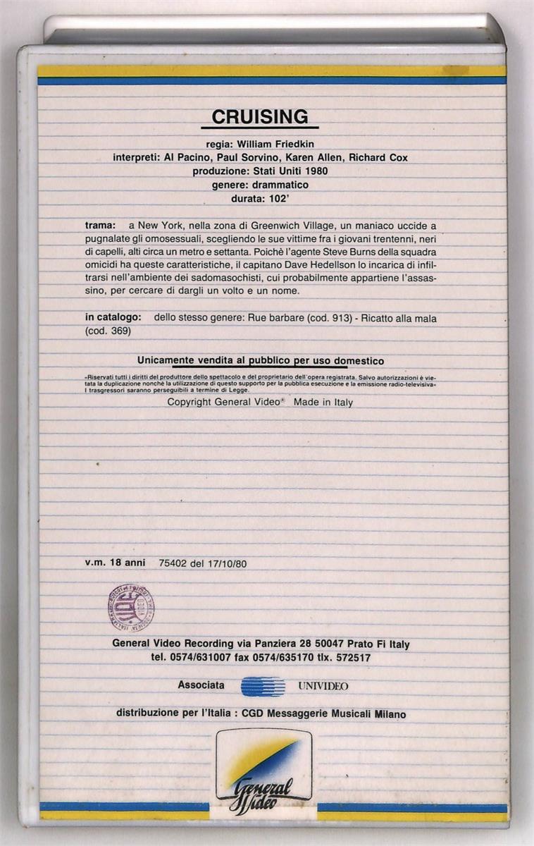 EBOND Crusing Al Pacino General Home Video VHS VH005168