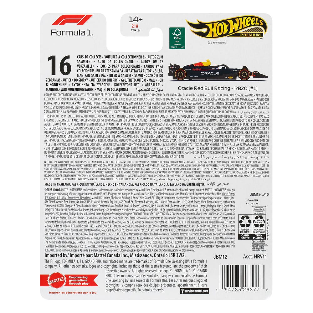 Formula 1 Hot Wheels Premium Diecast Vehicle 1/64 Oracle Red Bull Racing RB20 (#1) (Max Verstappen 2024) P065154