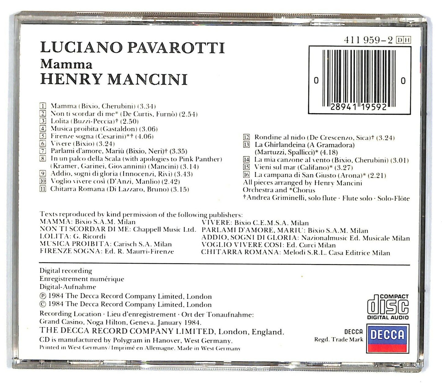 EBOND Luciano Pavarotti, Henry Mancini - Mamma CD CD031924