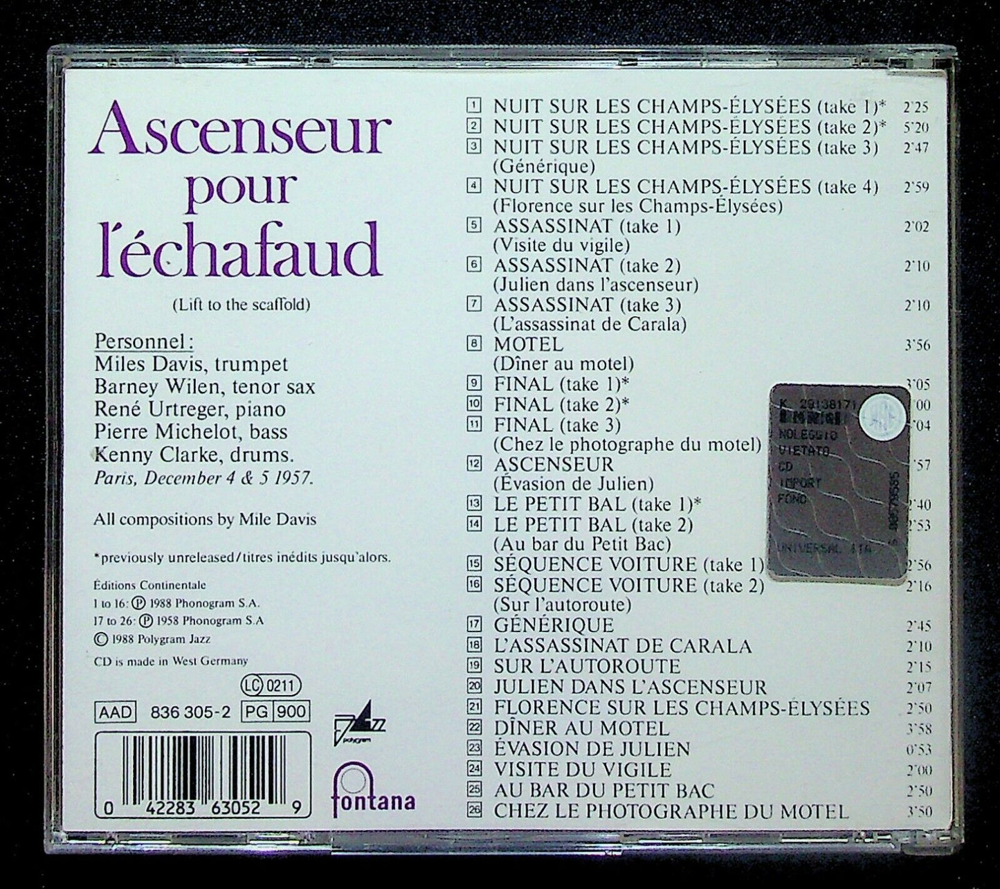 EBOND Miles Davis - Ascenseur Pour L'echafaud Lift To The Scaffold CD CD020017