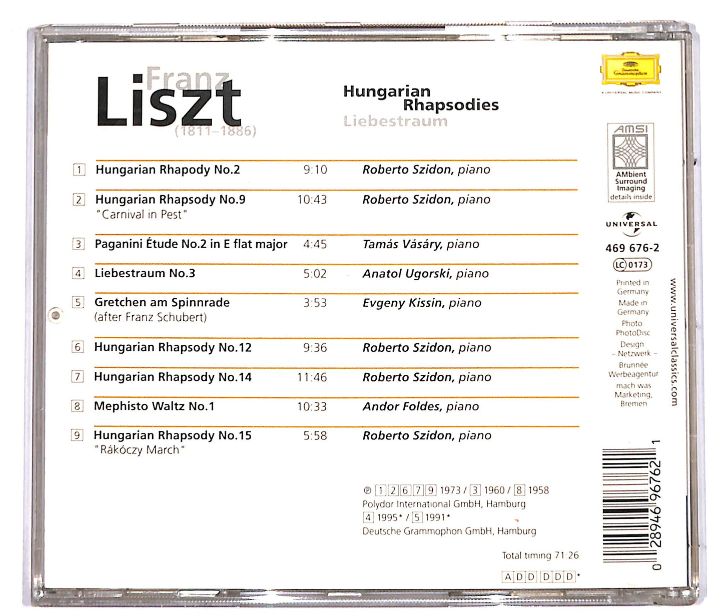 EBOND Franz Liszt - Andor Foldes, Evgeny Kissin*, Roberto Szidon, Anatol Ugorski, Tamas Vasary - Hungarian Rhapsodies / Liebestraum CD CD038319