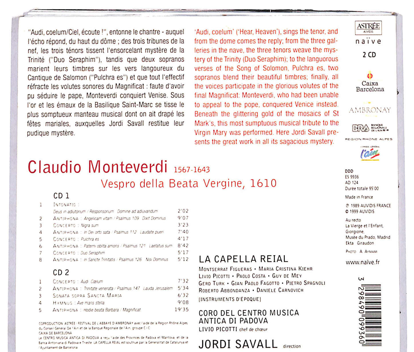 EBOND Claudio Monteverdi - La Capella Reial De Catalunya, Coro Del Centro Musica Antica Di Padova*, Jordi Savall - Vespro Della Beata Vergine, 1610 CD CD039819