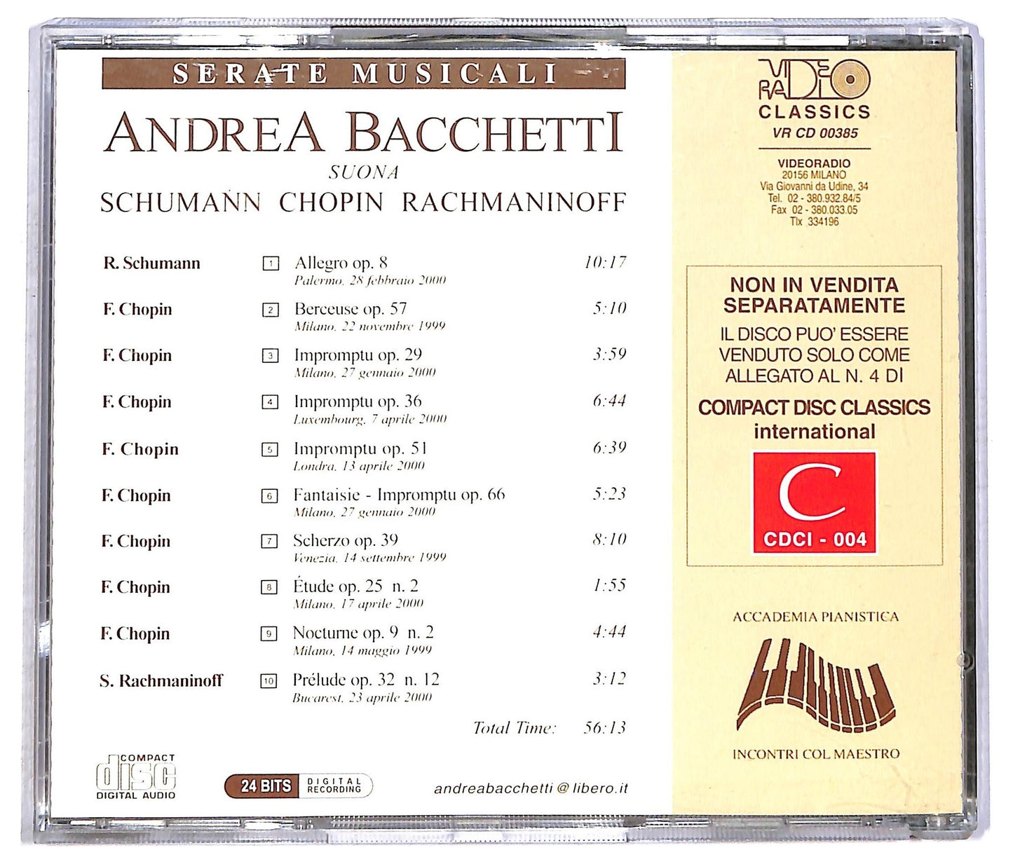 EBOND Andrea Bacchetti - Suona Schumann, Chopin, Rachmaninoff EDITOR CD CD090742