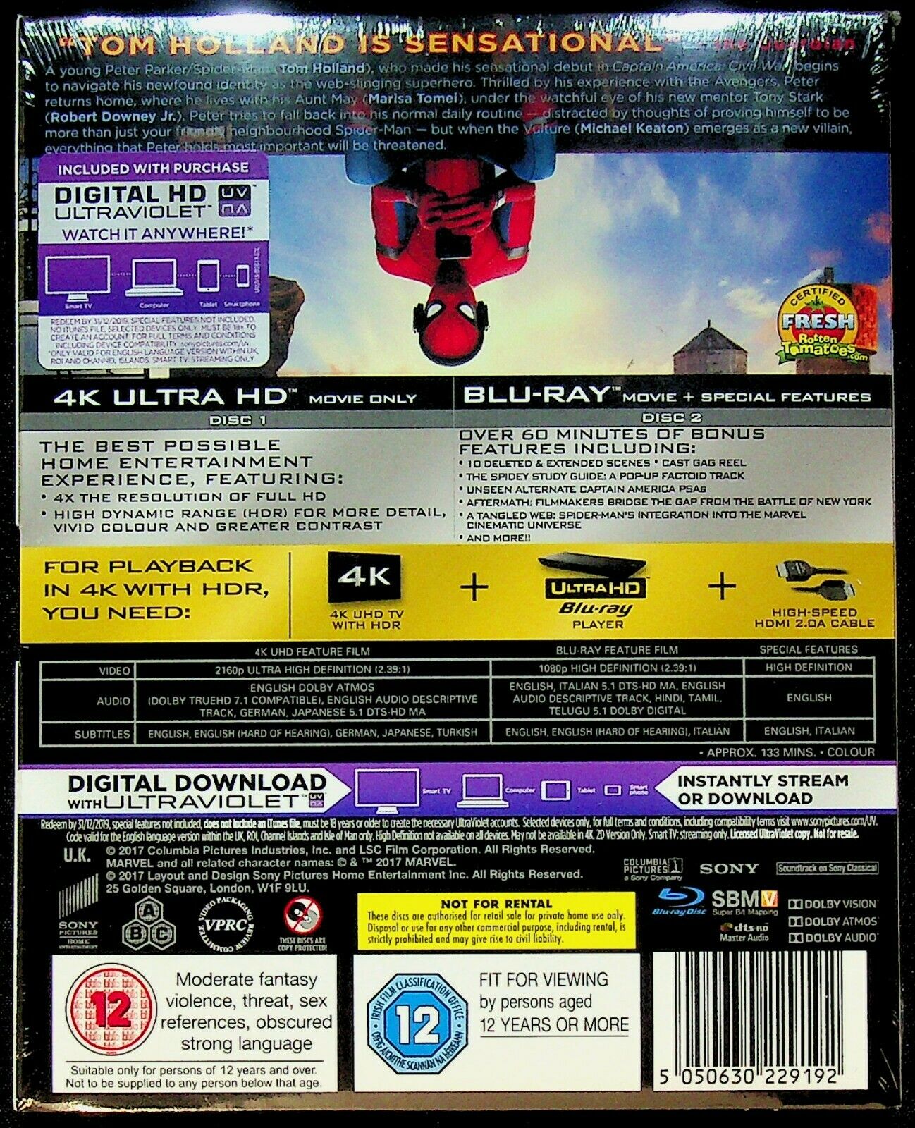 EBOND Spider-man Homecoming 4k Ultra Hd + BLURAY + Digital Copy Uk Ed. BLURAY D262015