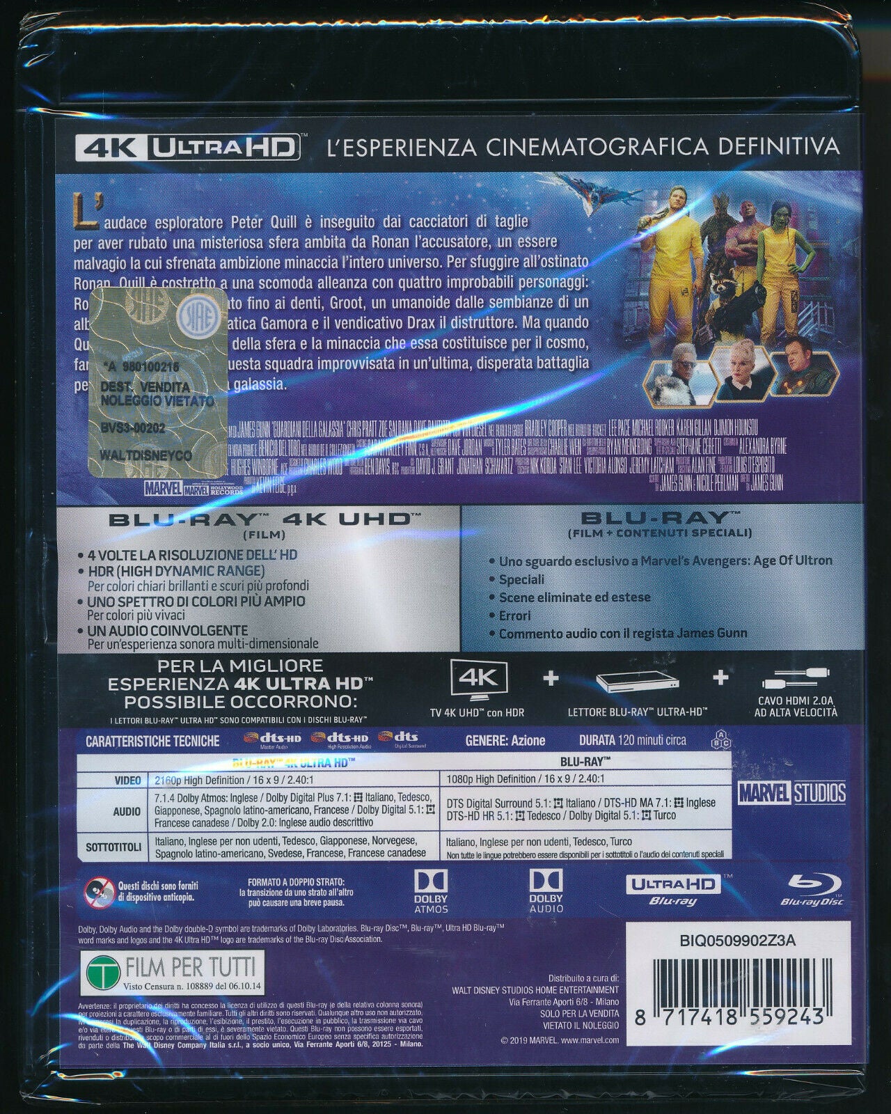 EBOND Guardiani Della Galassia 4k Ultra Hd + BLURAY D330007