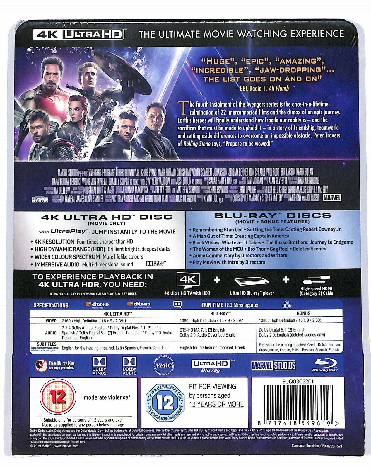 EBOND Avengers Endgame 4k Ultra Hd + BLURAY + Bonus Disc [UK] BLURAY D591415