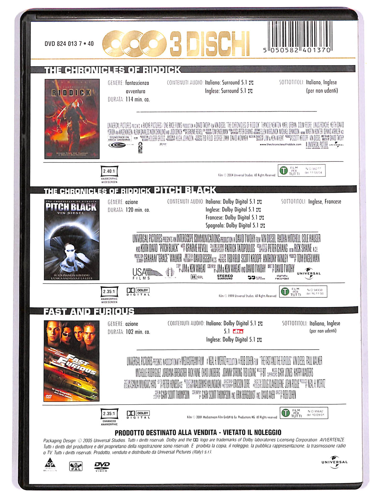 EBOND Riddick + Pitch Black + Fast and Furious (3 dischi) DVD D688717