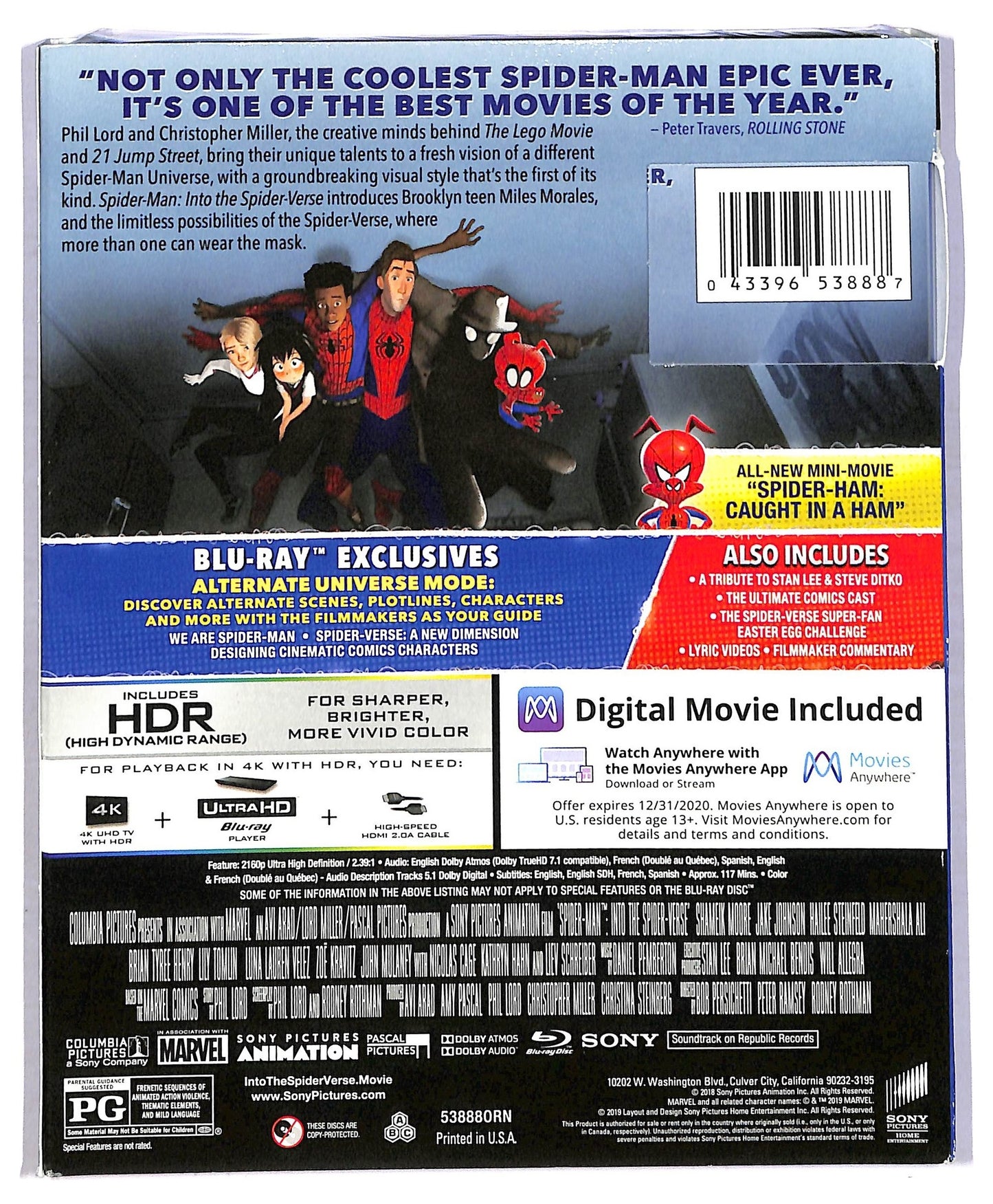 EBOND Spidee-Man Into The Spider-verse ( UK Version ) 4K Ultra HD +Digital + BLURAY  BLURAY D777317