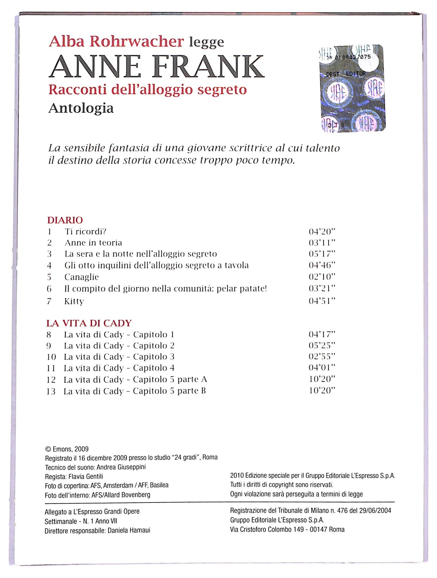 EBOND Alba rohrwacher legge Anne Frank - racconti dell'alloggio segreto EDITORIALE DVD D790623