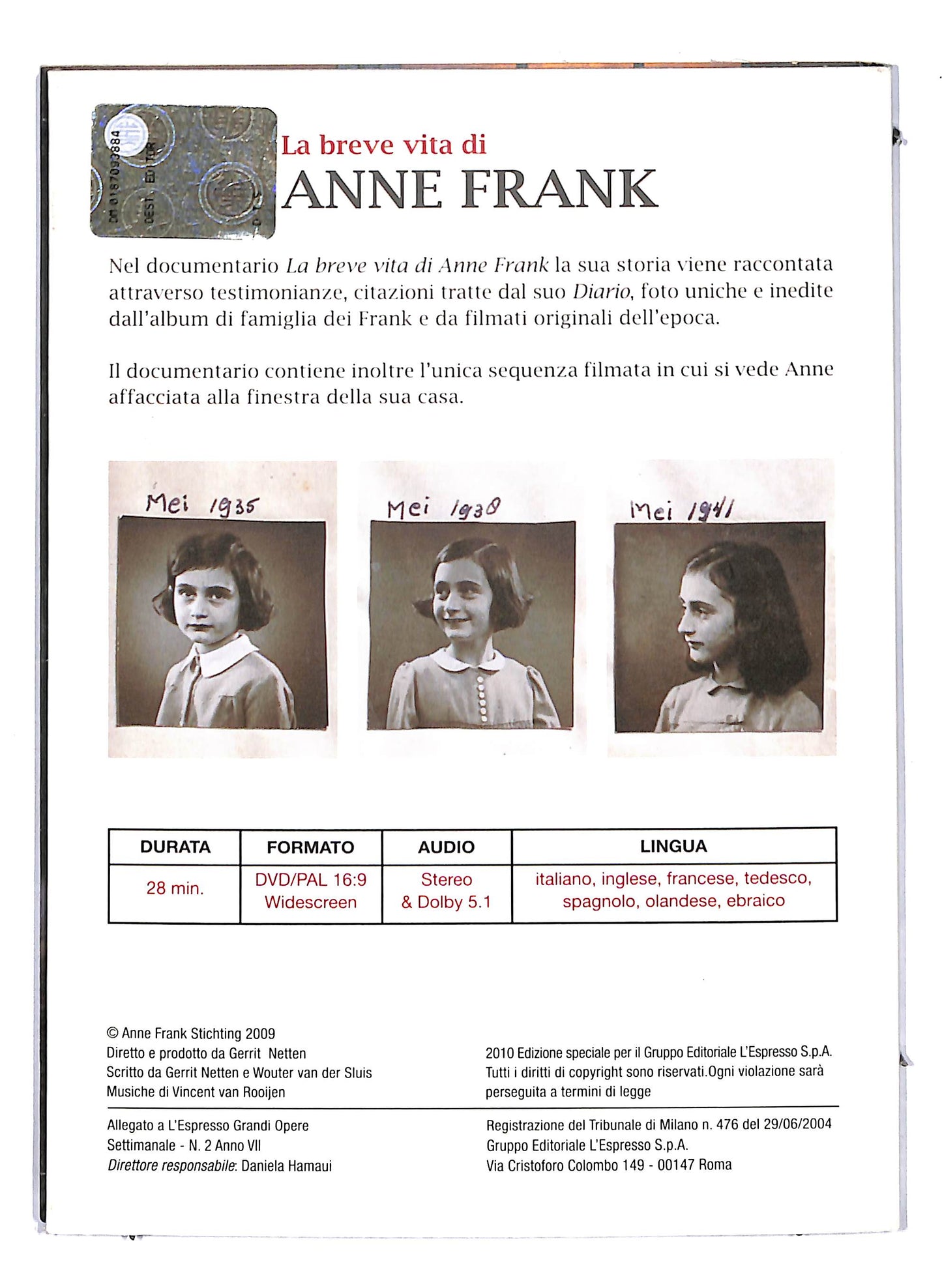 EBOND La breve vita di Anne Frank EDITORIALE DIGIPACK DVD D813336