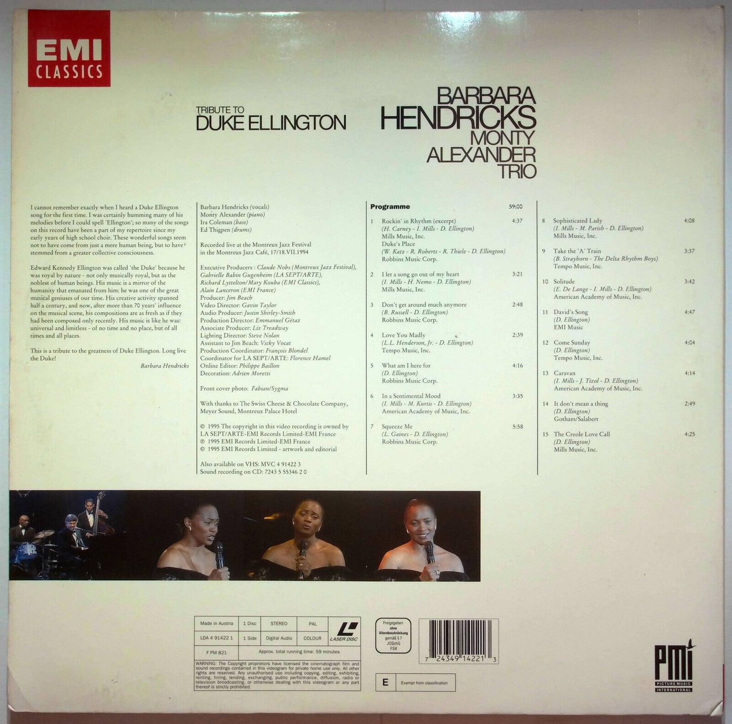EBOND Tribute Duke Ellington Barbara Hendricks/monty Alexander Trio Laser D. Pal