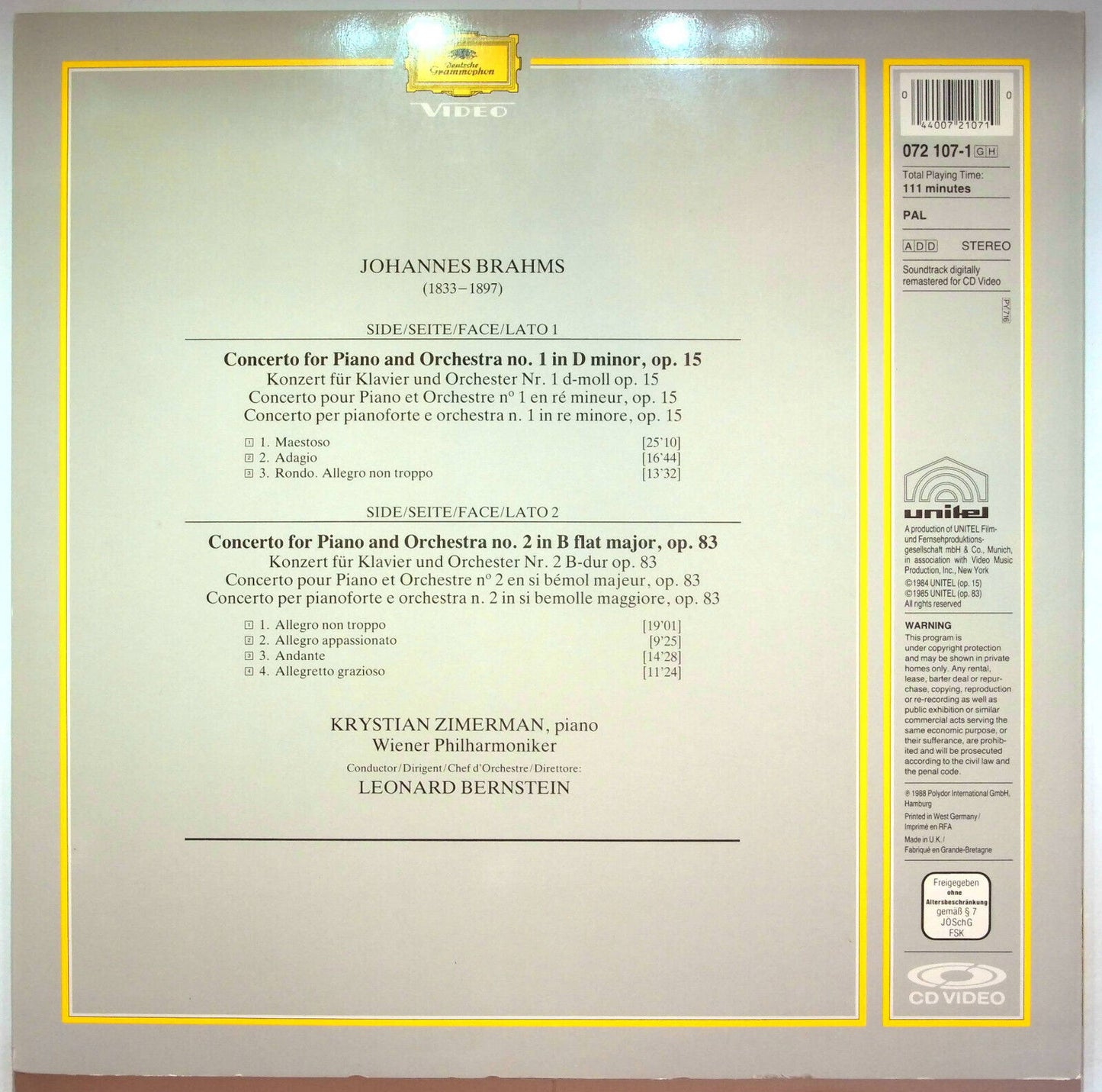 EBOND Johannes Brahms Piano Concerto 1 & 2 - Krystian Zimerman -  Laser Disc Pal