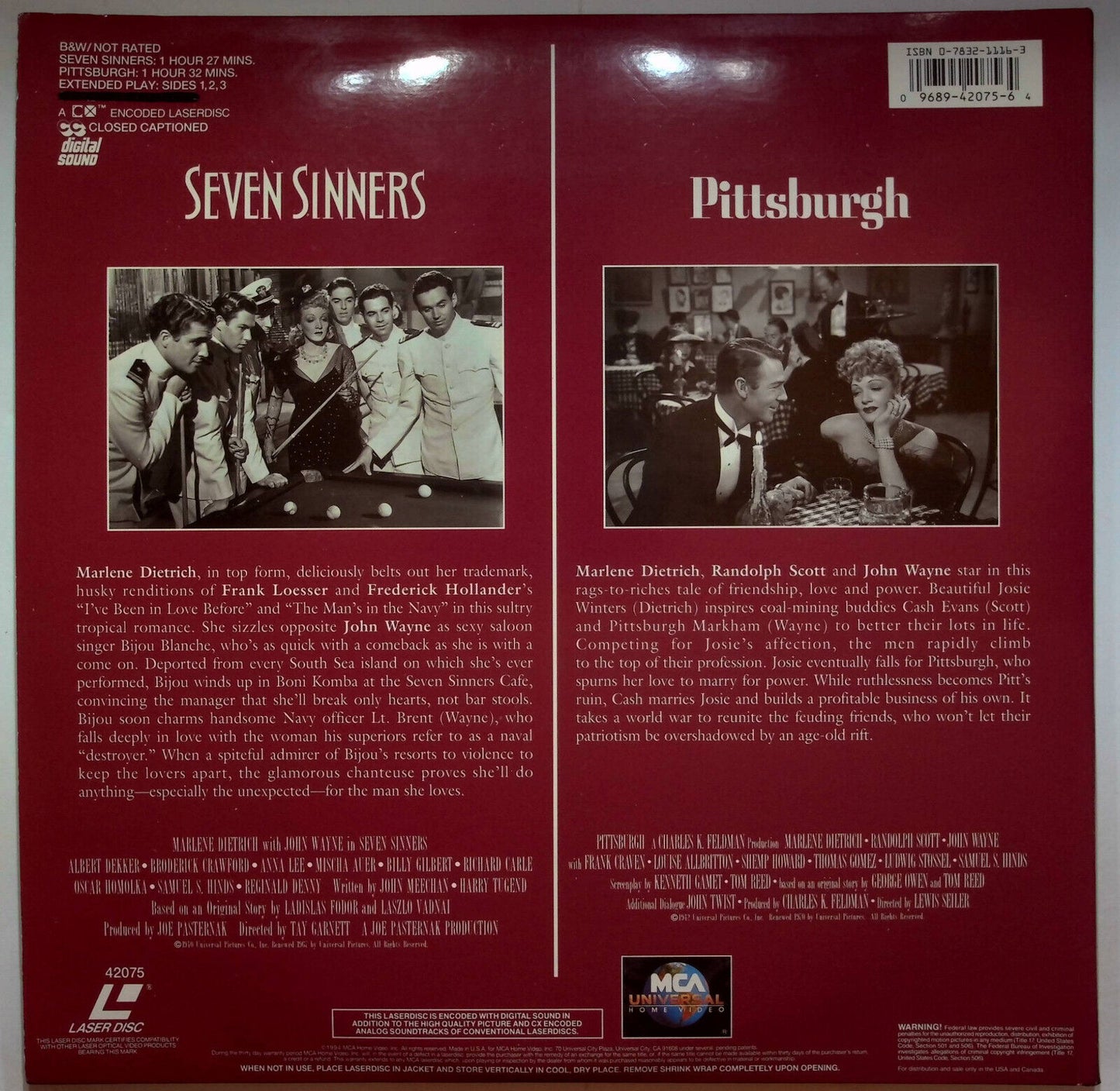 EBOND Marlene Dietrich Collection - Seven Sinner - Pittsburgh - Laser Disc Ntsc